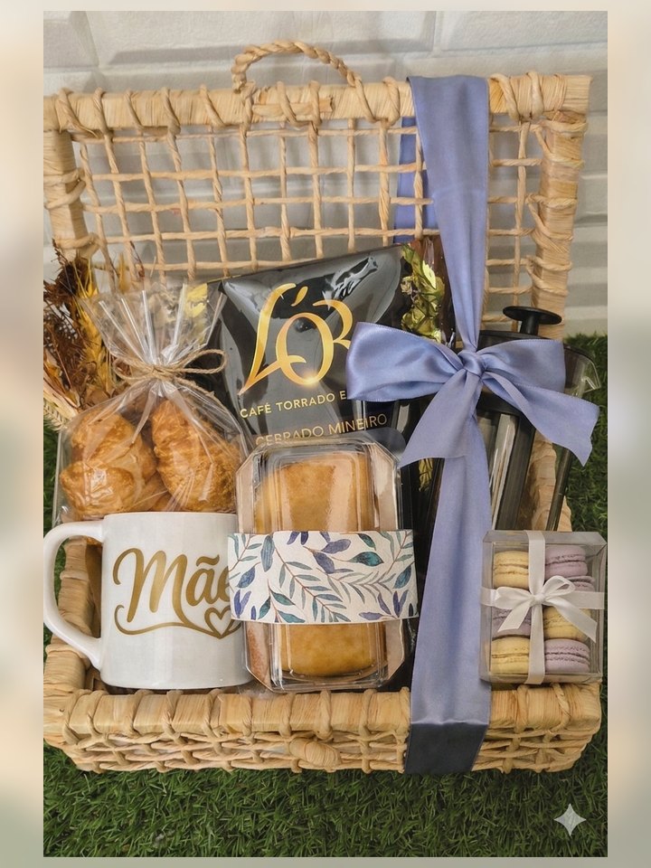 Cesta de café da manhã personalizada com caneca, café, biscoitos, bolo e laço